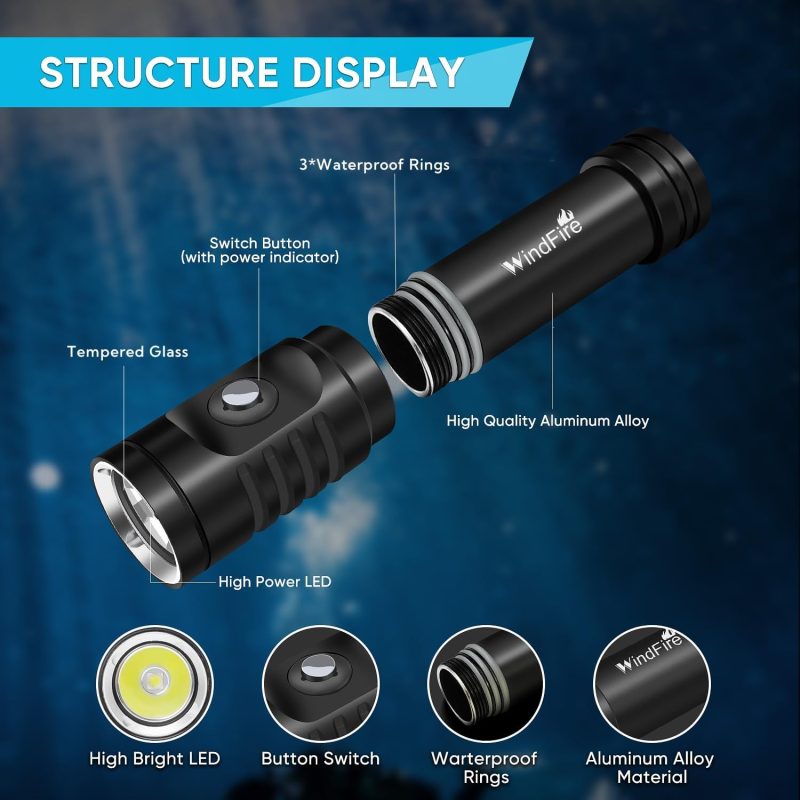 WINDFIRE Dive Lights Scuba Diving Flashlight, 5000LM Scuba Dive Light Rechargeable, IPX8 Waterproof Flashlight Underwater Lights, 3 Modes Diving Torch with Power Indicator for Night Diving