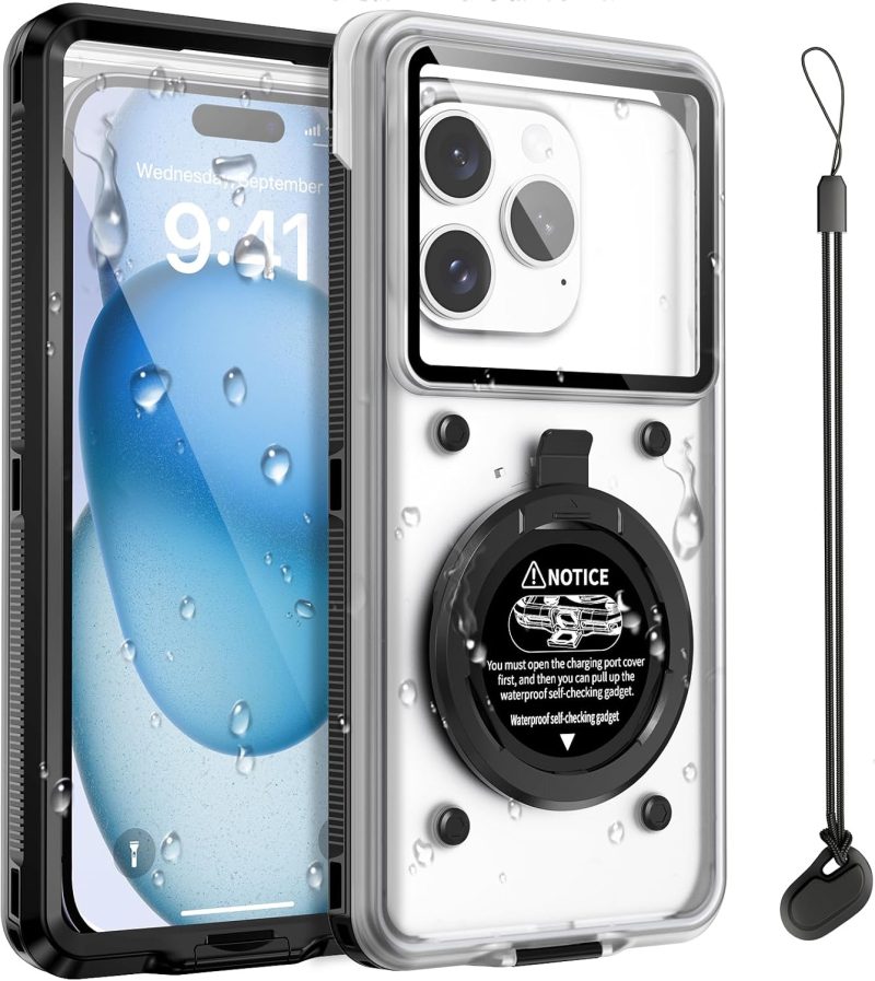 Beasyjoy Waterproof Phone Case, Underwater Snorkeling Diving Phone Case, Universal Self-Check Water Proof Case Up to 6.9 Inch for iPhone 15/14/13/12/11 and Samsung S24/S23/S22/Google Series - Black