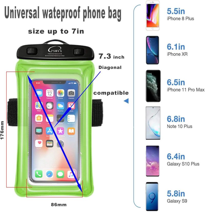 Universal 100 Feet Waterproof Phone Pouch Floating Case with Arm Band for iPhone 13 12 11 Pro Max XS XR X 8 7 6S Plus Samsung Google LG Phone up to 7 Inch (Pack of 2) (Blue+Green)