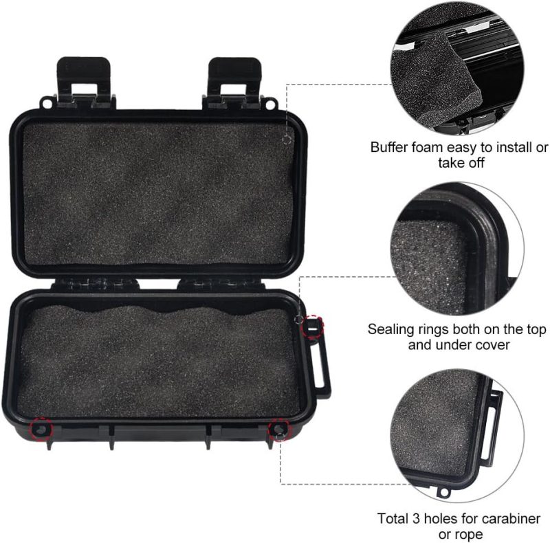 Waterproof Box Shockproof Dry Storage Box, Hard Plastic Protective Grip Carry Touch Phone Case + Foam + Handle for Fishing Camping Hiking (Small -Black)