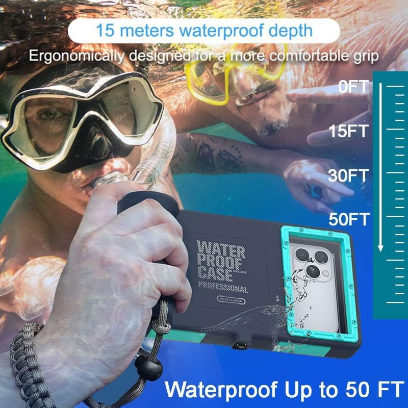 Professional [15m/50ft] Snorkeling Underwater Phone case Swimming Diving Case Photo Video Waterproof Protective Housing for Galaxy and iPhone Series Smartphones with Lanyard Teal