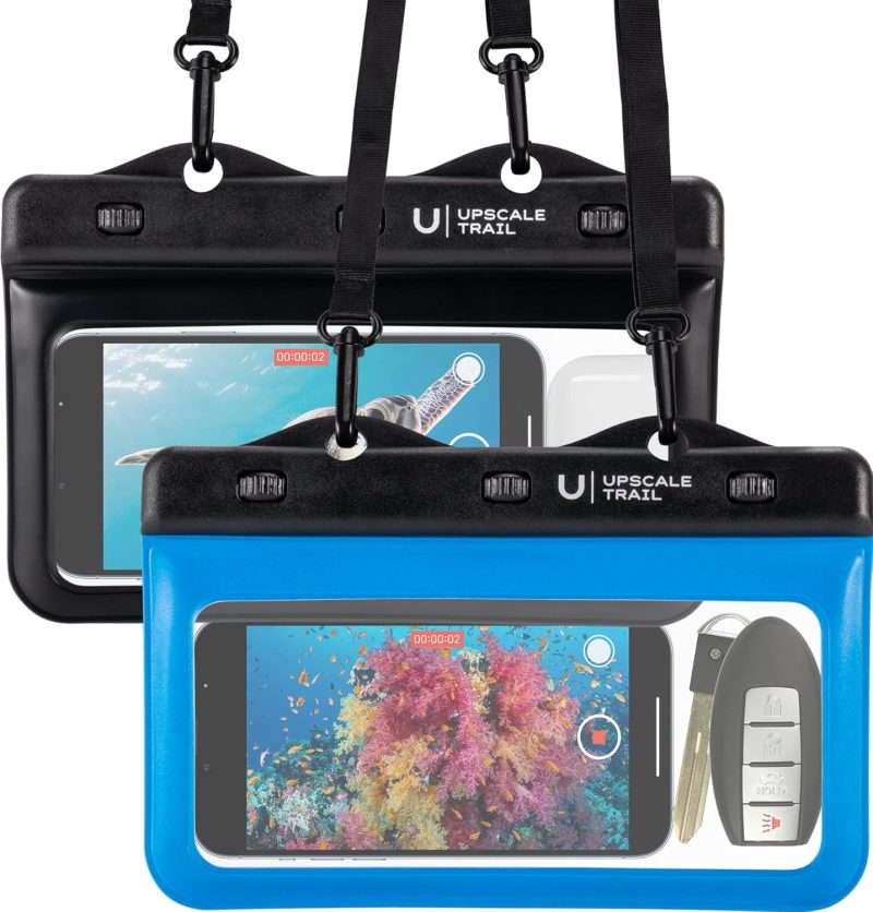 Horizontal Waterproof Phone Pouch – Blue/Black Underwater Phone Safety Case Compatible with iPhone Androids for Scuba Diving Underwater Photography Videography Swimming, Universal Size