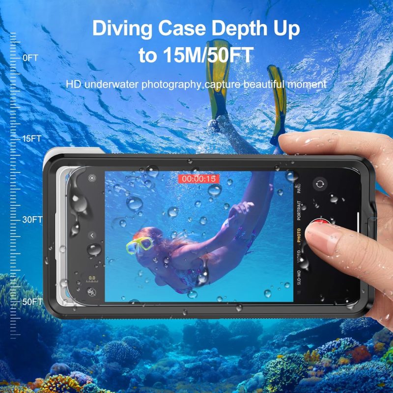 Beasyjoy Waterproof Phone Case, Underwater Snorkeling Diving Phone Case, Universal Self-Check Water Proof Case Up to 6.9 Inch for iPhone 15/14/13/12/11 and Samsung S24/S23/S22/Google Series - Black