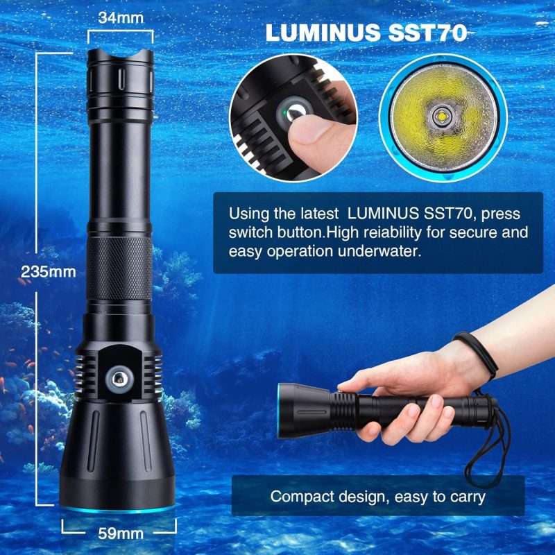 Dive Light DV16 4000 Lumens Dive Lights Scuba Diving IPX8 Waterproof Underwater Flashlight for Diving Snorkeling Caving Scuba Gear with Rechargeable Batteries and USB Charger