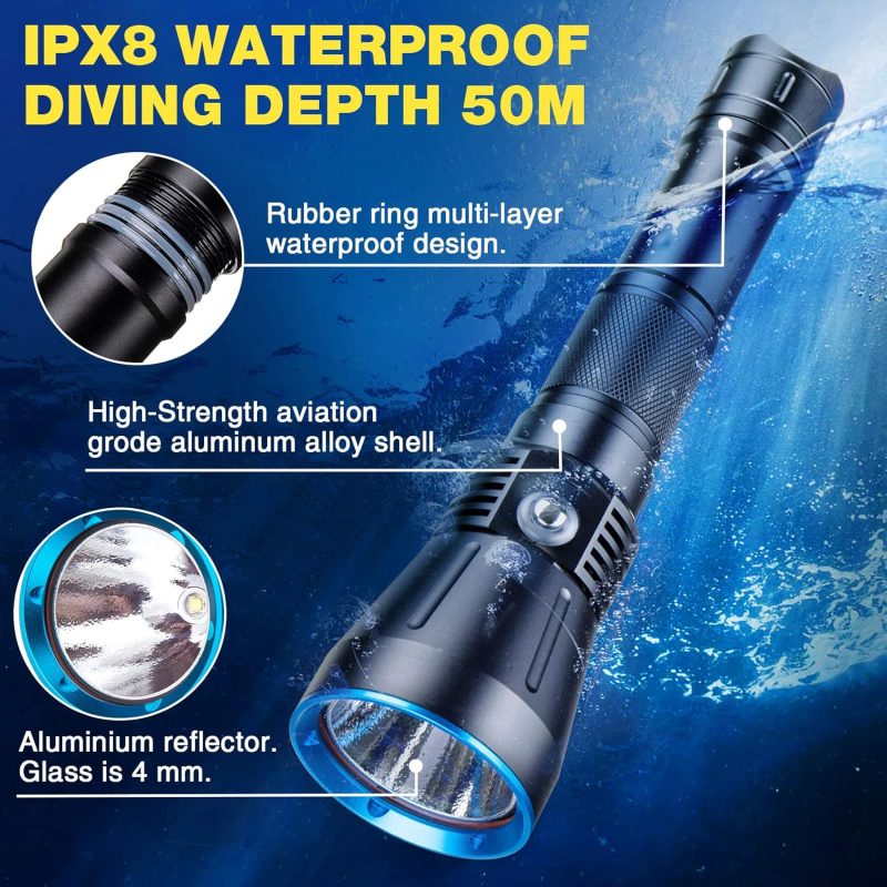 Dive Light DV16 4000 Lumens Dive Lights Scuba Diving IPX8 Waterproof Underwater Flashlight for Diving Snorkeling Caving Scuba Gear with Rechargeable Batteries and USB Charger