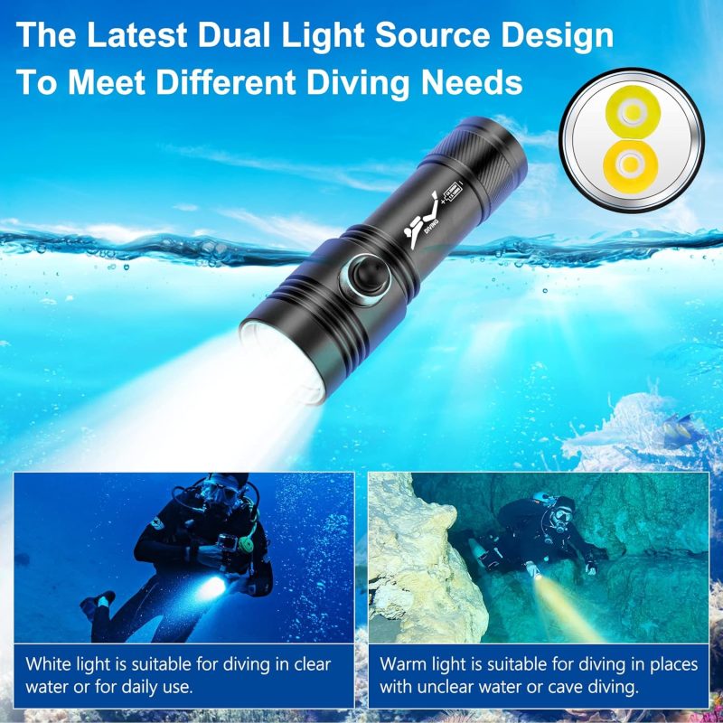 Diving Flashlight,Dual Lights 1500 Lumen Waterproof Diving Torch,Dive Lights Underwater 40M LED Flashlight,for Under Water Deep Sea Cave