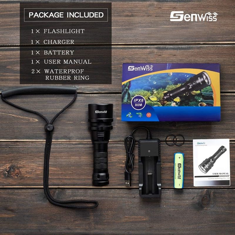 Scuba Diving Flashlight Dive Torch 2000 Lumen Waterproof Underwater XM-L2 LED Submarine Lights Holder with Rechargeable Battery, Charger for Under Water Deep Sea Cave at Night