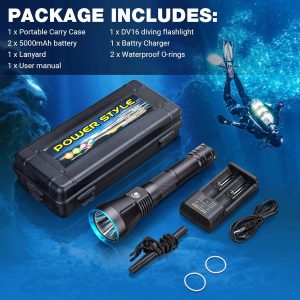 Dive Light DV16 4000 Lumens Dive Lights Scuba Diving IPX8 Waterproof Underwater Flashlight for Diving Snorkeling Caving Scuba Gear with Rechargeable Batteries and USB Charger