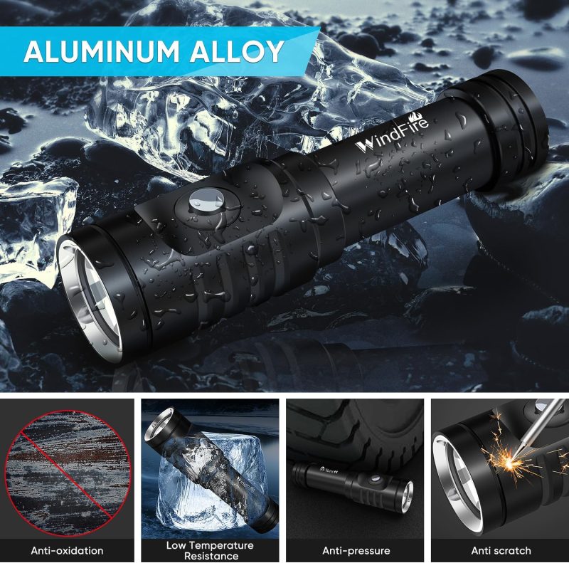 WINDFIRE Dive Lights Scuba Diving Flashlight, 5000LM Scuba Dive Light Rechargeable, IPX8 Waterproof Flashlight Underwater Lights, 3 Modes Diving Torch with Power Indicator for Night Diving